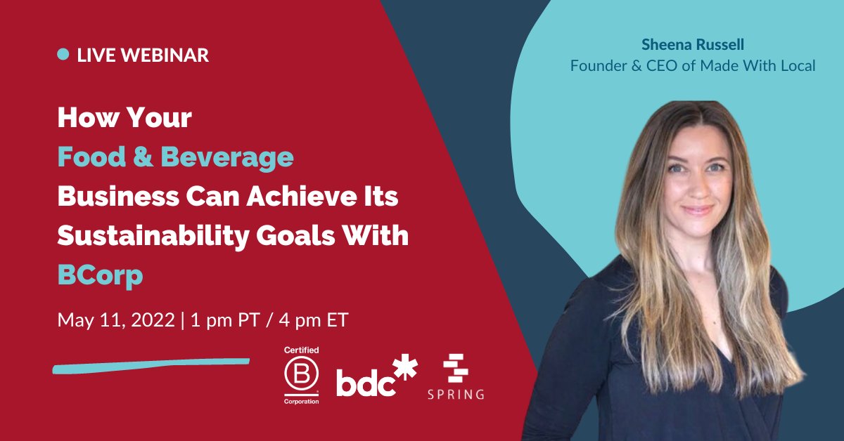 We're excited to have Sheena Russell, Founder &amp; CEO of Made With Local join us for the following webinar on How Your F&amp;B Business Can Achieve Its Sustainability Goals With <a href="/BCorporation/">B Lab</a>! 🙌  ♻️ 
Register here 👉  loom.ly/nkRBzxM

#impact #food #CPG <a href="/bdc_ca/">BDC</a>