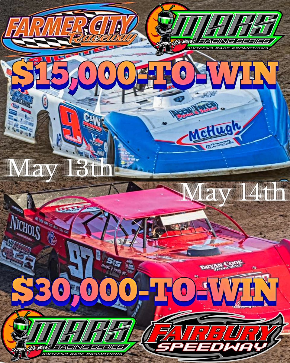 MARSDirtRacing's tweet photo. #IllinoisSpeedweeks will conclude with back-to-back nights for the @MarsLateModel Series at @FarmerCityRacin #FarmerCity74 & @FALS_NATION #SpringShootout May 13th-14th for two HUGE paydays. The BEST Late Model drivers in the country will flock to the "Land of Lincoln." https://t.co/sQhMDFrNSk