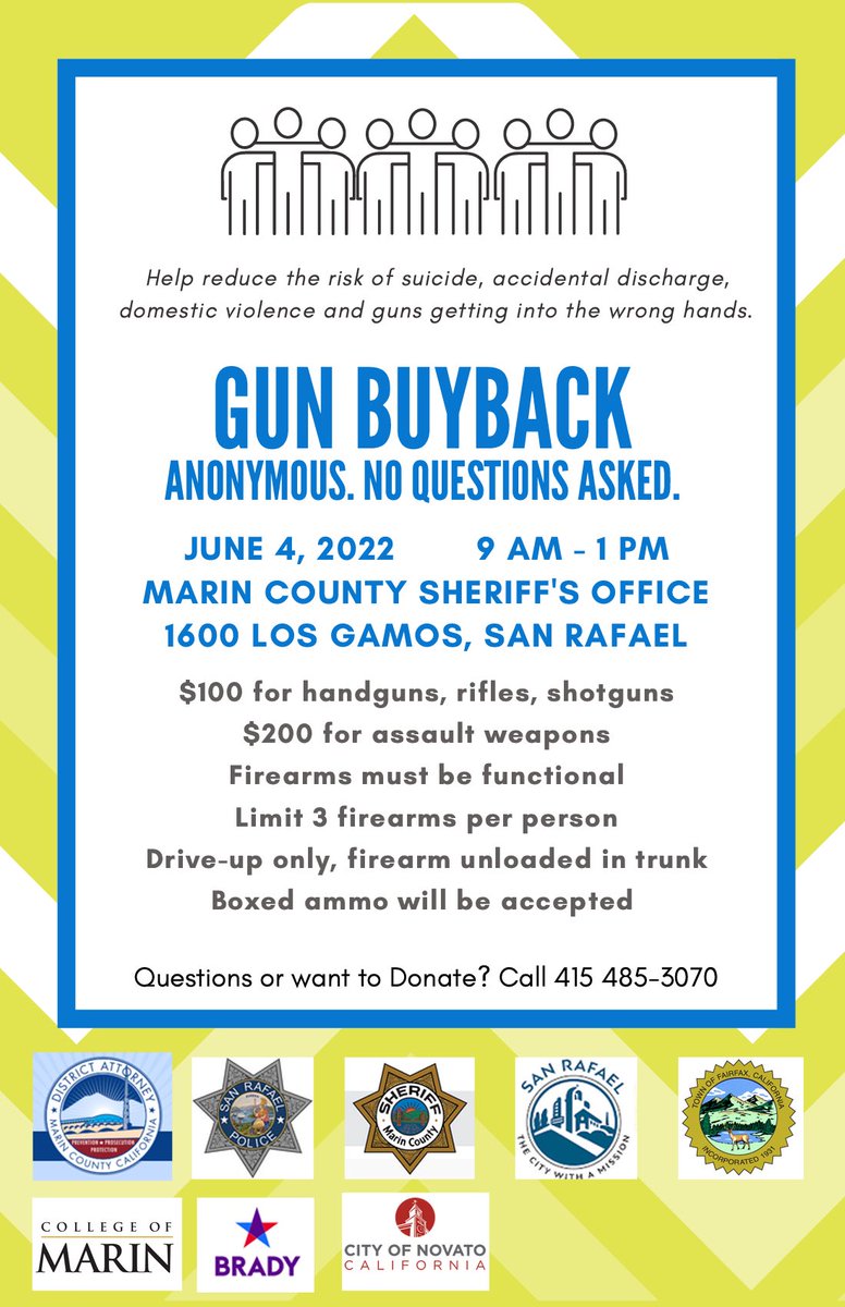 SanRafaelPolice's tweet photo. As a community, we want to do all that we can to provide the opportunity to remove unwanted guns from our homes.  

On Saturday 06/04/2022, there will be a gun buyback from 9am to 1pm outside the MC Sheriff’s Office for all Marin County residents. Details below ⬇️ 
#SanRafael https://t.co/RkDT1Xws7C