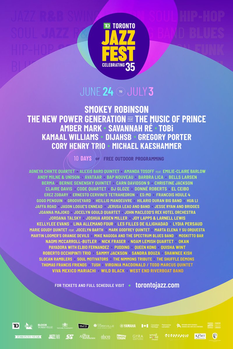 TorontoJazzFest's tweet photo. 🥁 We are thrilled to announce our 35th anniversary program!🥳 Ft. @smokeyrobinson, @ambermark,  @Original_NPG, @savannahre and more with 10 days of FREE outdoor programming! https://t.co/IRBiJ0pcIw