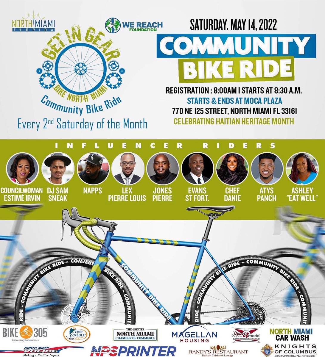 LEXPIERRELOUIS's tweet image. Join me and some of my friends this Saturday, for a
Free Community Bike Ride in celebration of Haitian Heritage Month &
supporting MADD
Saturday May 14, 2022
Registration : 8:00am
Starts at 8:30am
Starts & Ends at Moca Plaza
770 NE 125 Street, North Miami FL 33161