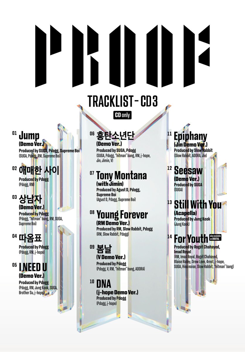 "For Youth" is the 3rd new track off #BTS_Proof digital version.

CD only tracks consists of demo and unreleased songs.
Pre-order the physical album: ingrv.es/Proof_Physical