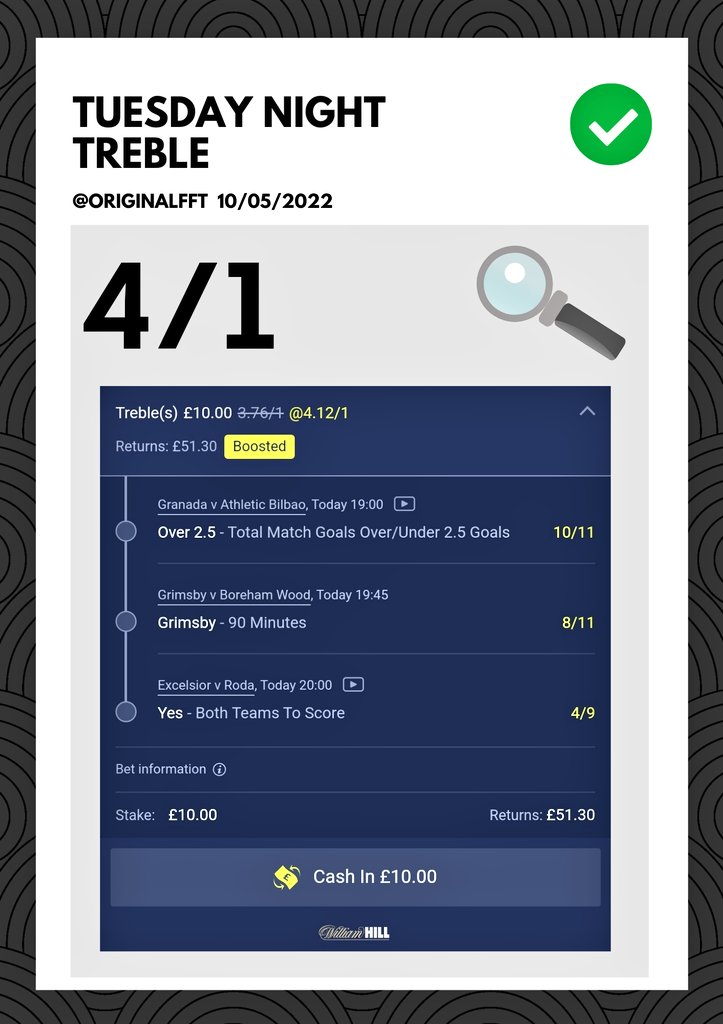 BetModule's tweet photo. 📝 Tuesday Treble

Load bet: https://t.co/8vy41h0Wg7

🕛 19.00
💷 £10 Pays £51

🆓️ Join William Hill and get £30 free when you place £10 on it.

Claim here: https://t.co/i5xCfkOato

18+, Gamble Responsibly. https://t.co/OsgjQsSC8O