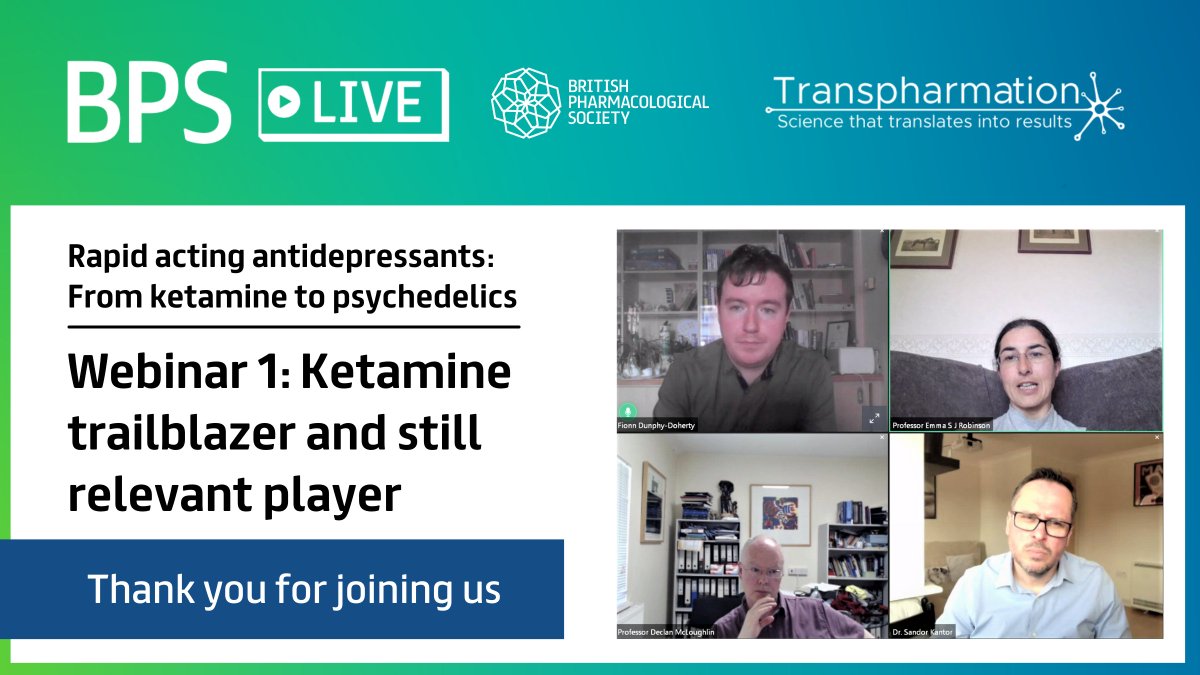 BritPharmSoc's tweet photo. What a brilliant #BPSLive webinar today! Thank you to everyone who joined us, especially:

- Dr Fionn Dunphy-Doherty @fi_own_neuro 
- Professor Emma S J Robinson @UoBrisPPN
- Professor Declan McLoghlin @TCINeuroscience
- Dr Sandor Kantor @TranspharmLtd

#antidepressants #ketamine https://t.co/2jl6zJCLFN