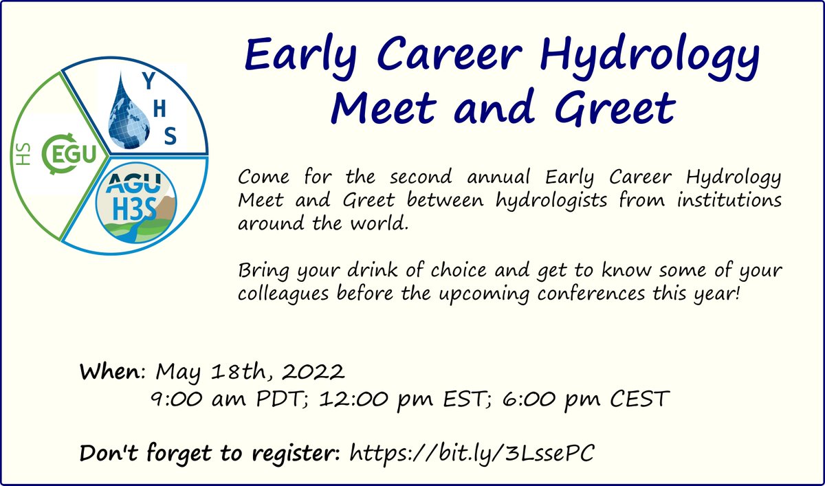📢Are you an early career hydrologist? Wanna meet some of your colleagues before the upcoming conferences?🌊⛈️🏜️
Come for the second annual 𝙀𝙖𝙧𝙡𝙮 𝘾𝙖𝙧𝙚𝙚𝙧 𝙃𝙮𝙙𝙧𝙤𝙡𝙤𝙜𝙮 𝙈𝙚𝙚𝙩 𝙖𝙣𝙙 𝙂𝙧𝙚𝙚𝙩!
📅May 18th, 2022
🕐6pm CEST
 ℹ️Register here:bit.ly/3LssePC