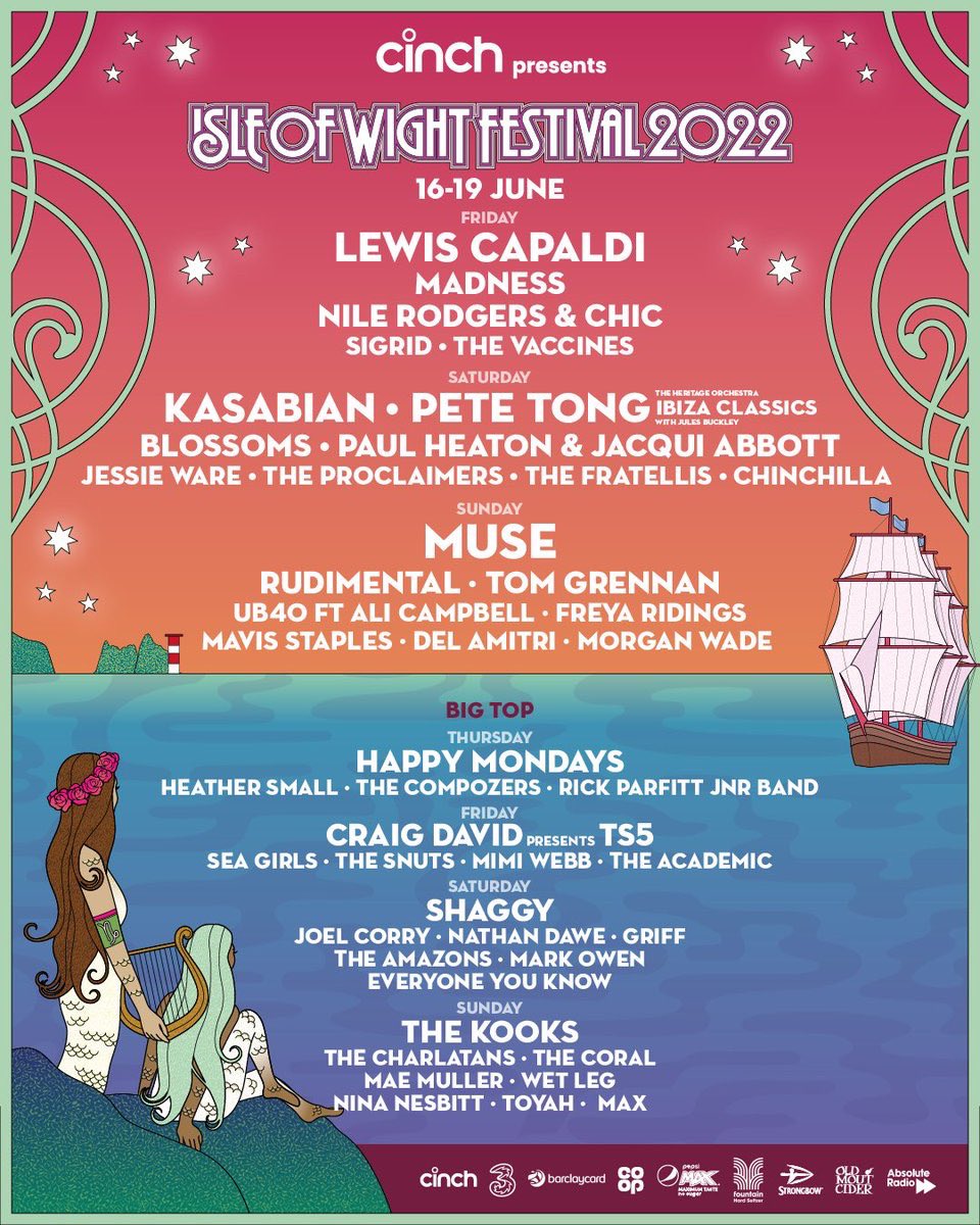 Cinch presents Isle Of Wight Festival

flipping delighted to tell you that we're gonna be playing IOW

This Feeling w/ Scotts Stage 16th-18th June alongside some other awesome This Feeling bands.

tickets here: isleofwightfestival.com/info/tickets

#IOW2022 cinch 
in conjunction with scotts