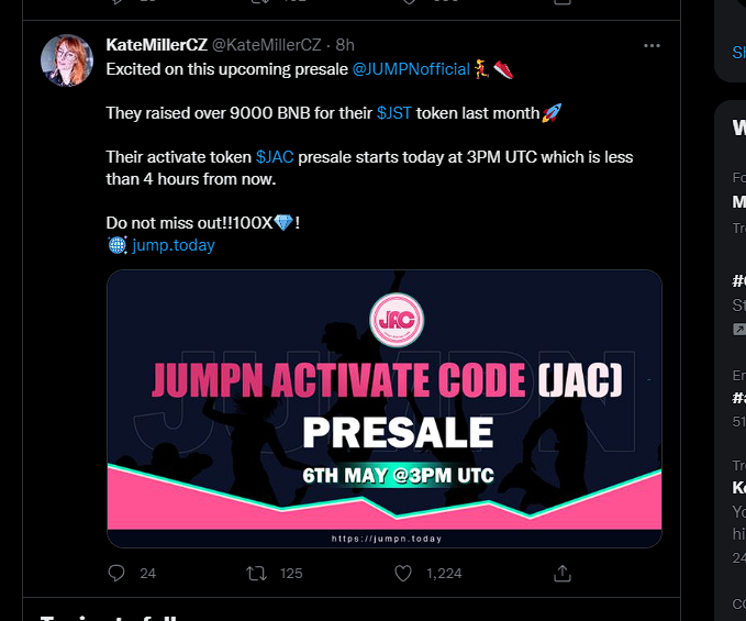 jumpnscam's tweet photo. @KateMillerCZ I see you tried to delete your @JUMPNofficial shilling. Don't worry, I meant it when I said I saved a screenshot so I can remind everyone that you lead some of your millions of followers to losing money. Hopefully people hold you accountable. #JUMPN_PINKSALE_SCAM https://t.co/pcVmdHvWUk