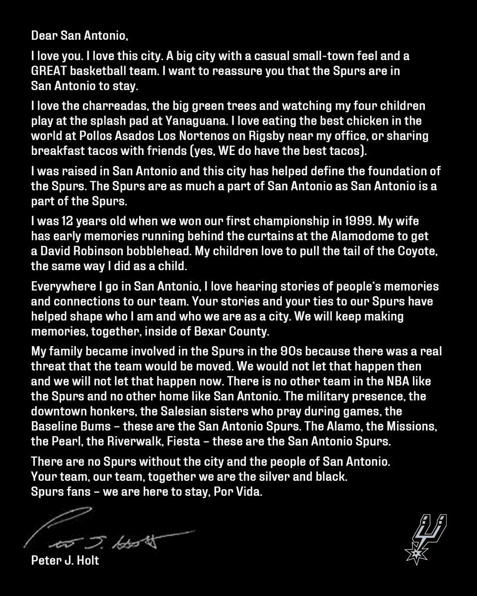 RT @spurs: A letter to San Antonio from Peter J. Holt https://t.co/mj7k22Akoy