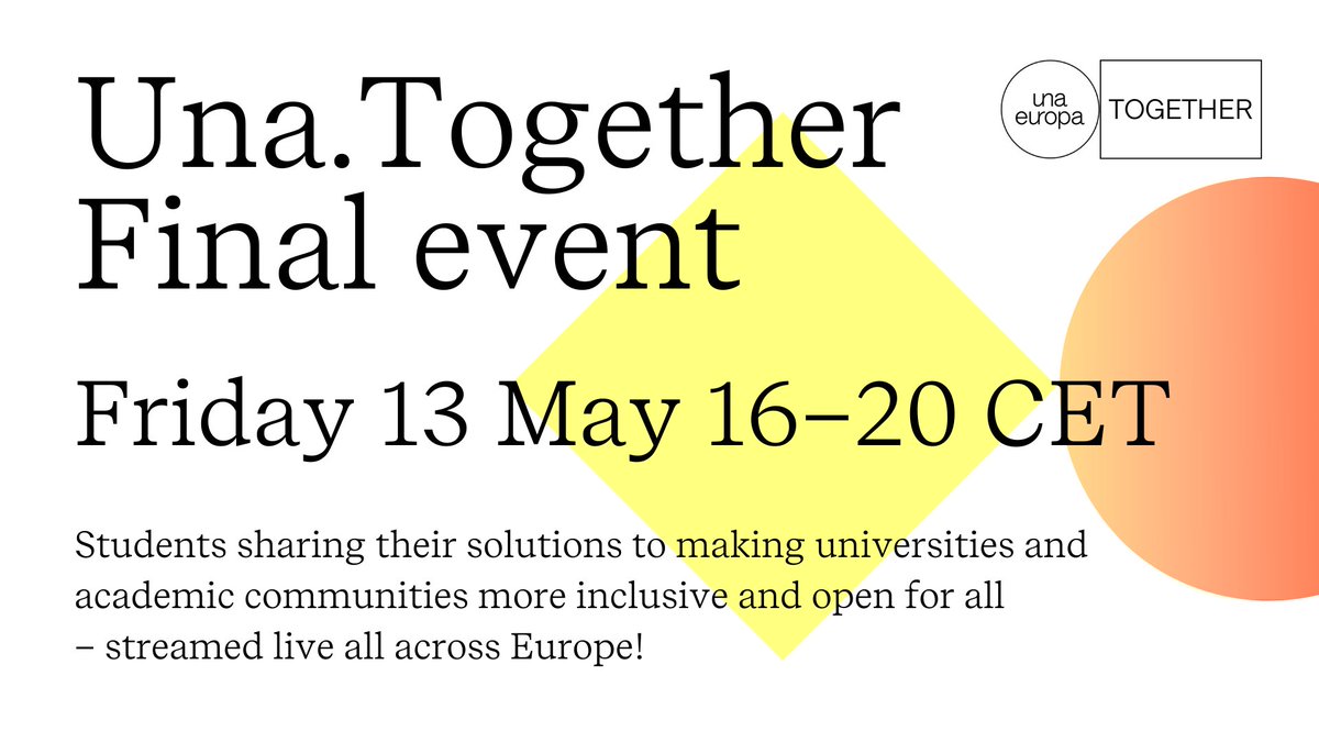 Una_Europa's tweet photo. ⏰#UnaTogether closing event this week!
We've enjoyed following our student participants through the #UnaTogether programme & we are excited to see their solutions to key challenges in #diversity #equity & #inclusion🤝
📆Join us on Friday 13 May @ 16CET!
https://t.co/tLJeTLaFVY https://t.co/qo3aQVSHYG