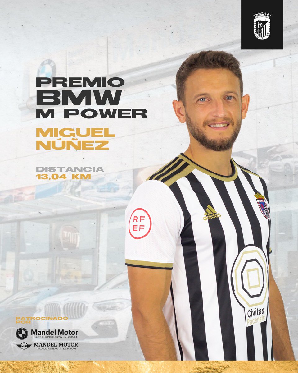 CDBadajoz's tweet photo. El capitán fue de nuevo el jugador que más distancia recorrió durante el #ValladolidBadajoz con 13’04km
Enhorabuena por conseguir el PREMIO BMW M POWER de la última jornada🏆👏🏻
Patrocina #MandelMotor 🚘 https://t.co/9TwOdvFC8x