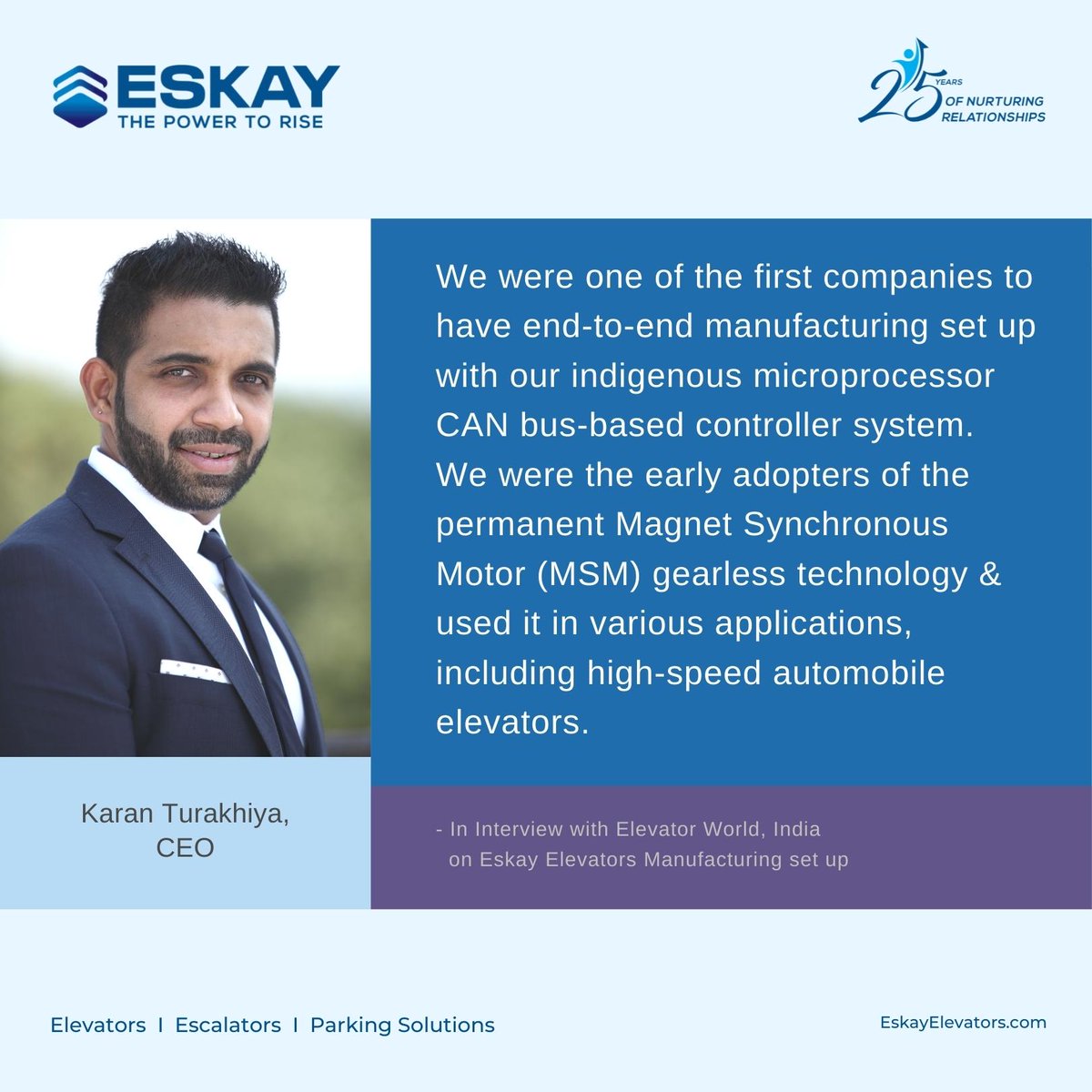 eskayelevators's tweet photo. In an interview with @EWImagz India, our CEO Karan Turakhiya shared on being the early adopters of latest equipment at our manufacturing set up.

#eskayelevators 
#elevators 
#powertorise 
#eskayescalators
#eskayparkingsolutions
#ceospeaks https://t.co/zCr7VwD8ae