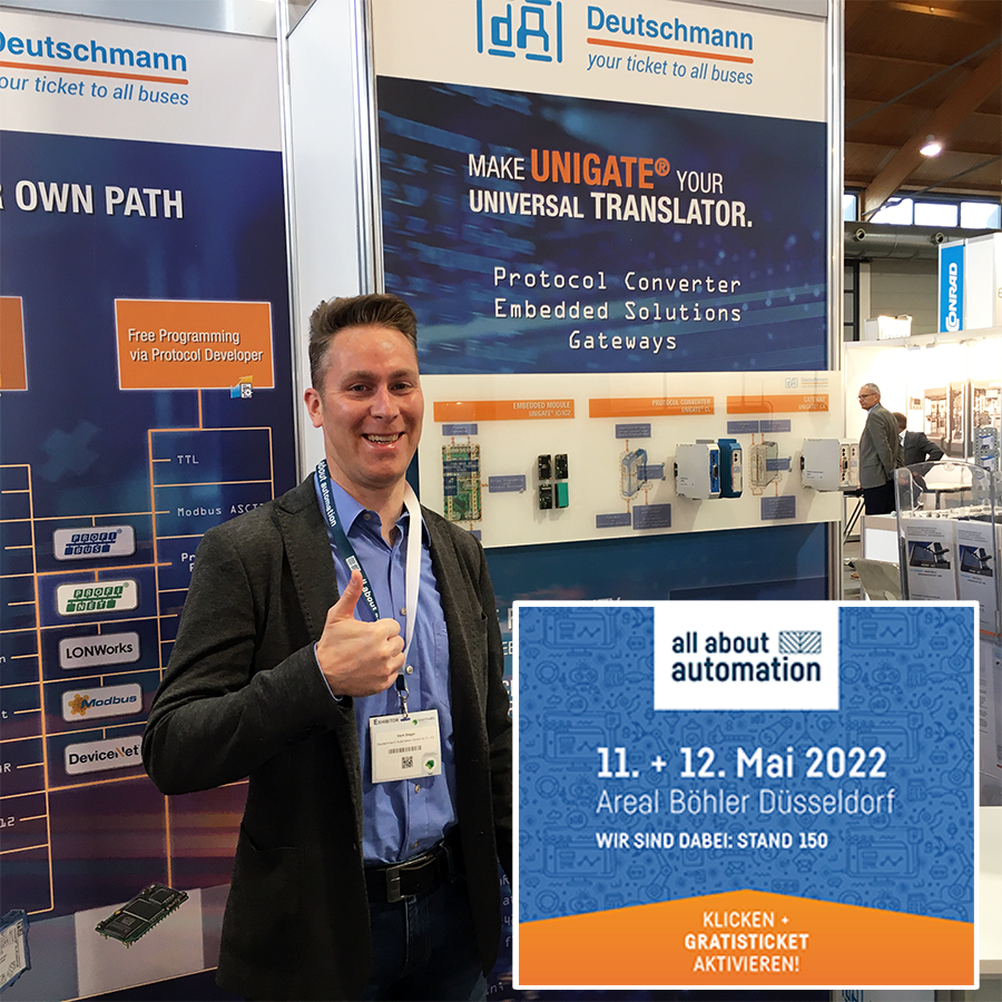 Sehen wir uns am 11. + 12. Mai bei der <a href="/aaamesse/">allaboutautomation</a>
Premiere in Düsseldorf? Sichern Sie sich jetzt Ihr Gratis-Ticket und besuchen Sie uns an Stand 150. deutschmann.de/qr/346
#industrial #communication #automation