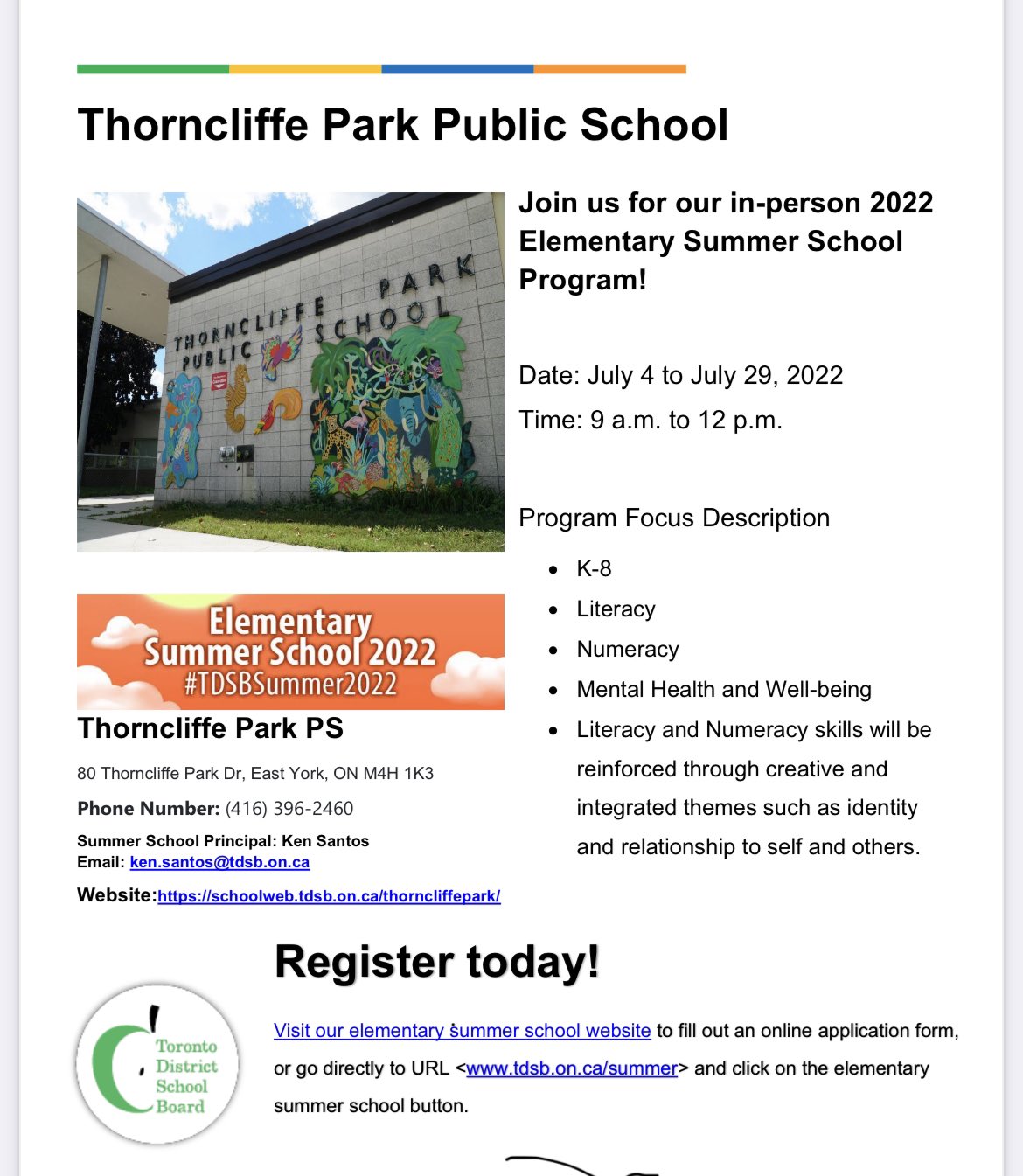 Thorncliffe Park TDSB on Twitter "Summer school registration is now