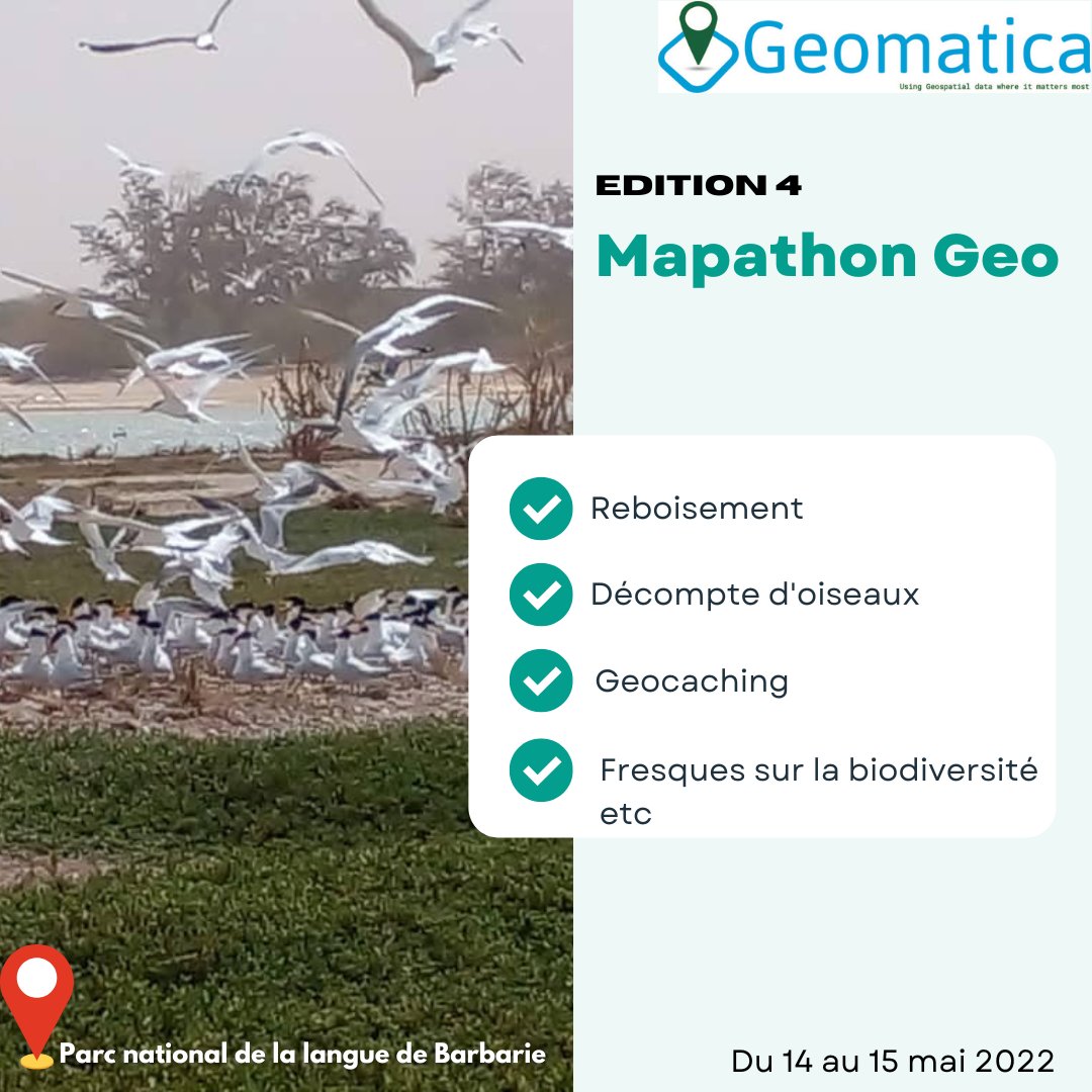 #MapathonGeo 48h😇
📅 JOUR J-4

📢Du 14 au 15 mai 2022 au parc national de la langue de barbarie, Sénégal

👉Ensemble pour préserver la biodiversité

#geomatica #biodiversité #cartographie #senegal #kebetu
