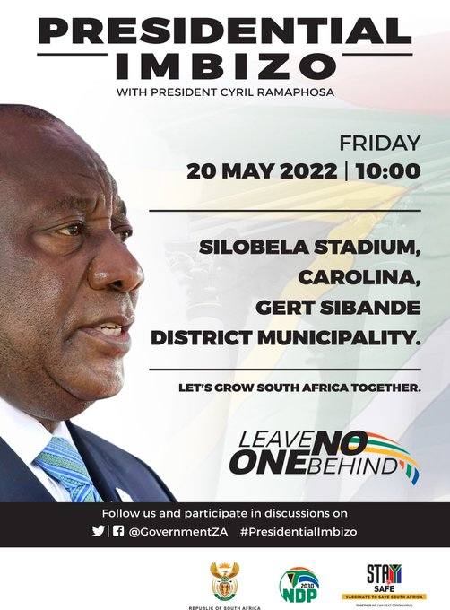 NationalCoGTA's tweet photo. The next #PresidentialImbizo will be held in Carolina, Mpumalanga. #LeaveNoOneBehind #OneDistrict #OneBudget #OnePlan https://t.co/M0X2cMiQ11