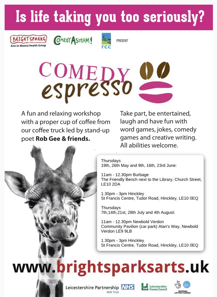 bclibrary1's tweet photo. Comedy Espresso @Friendly_Bench starting May 19th #Burbage #FriendlyBench @YourRCC https://t.co/1x49bJfk0U
