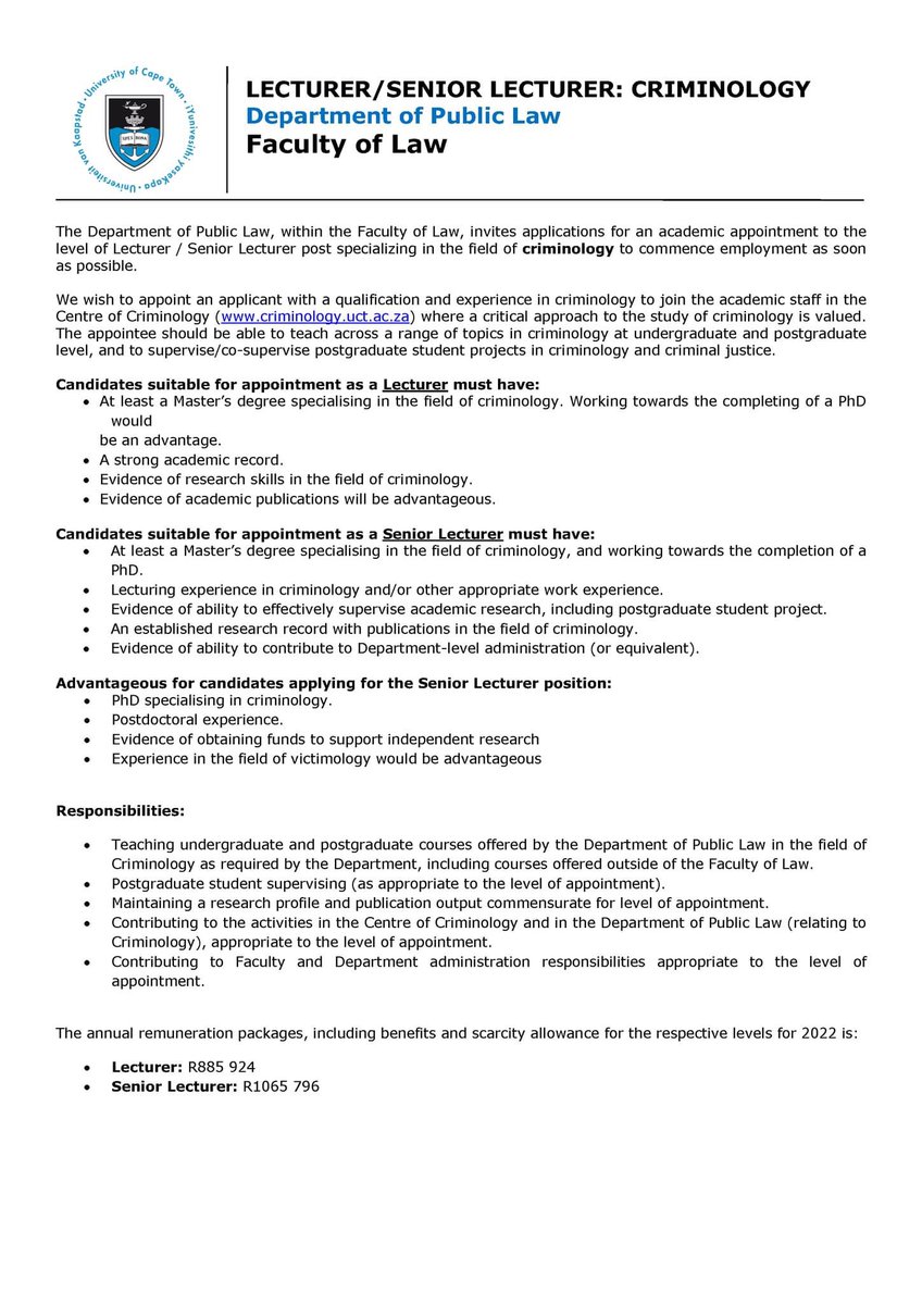 HSSinSA's tweet image. LECTURER / SENIOR LECTURER POSITION IN CRIMINOLOGY AVAILABLE AT UCT: