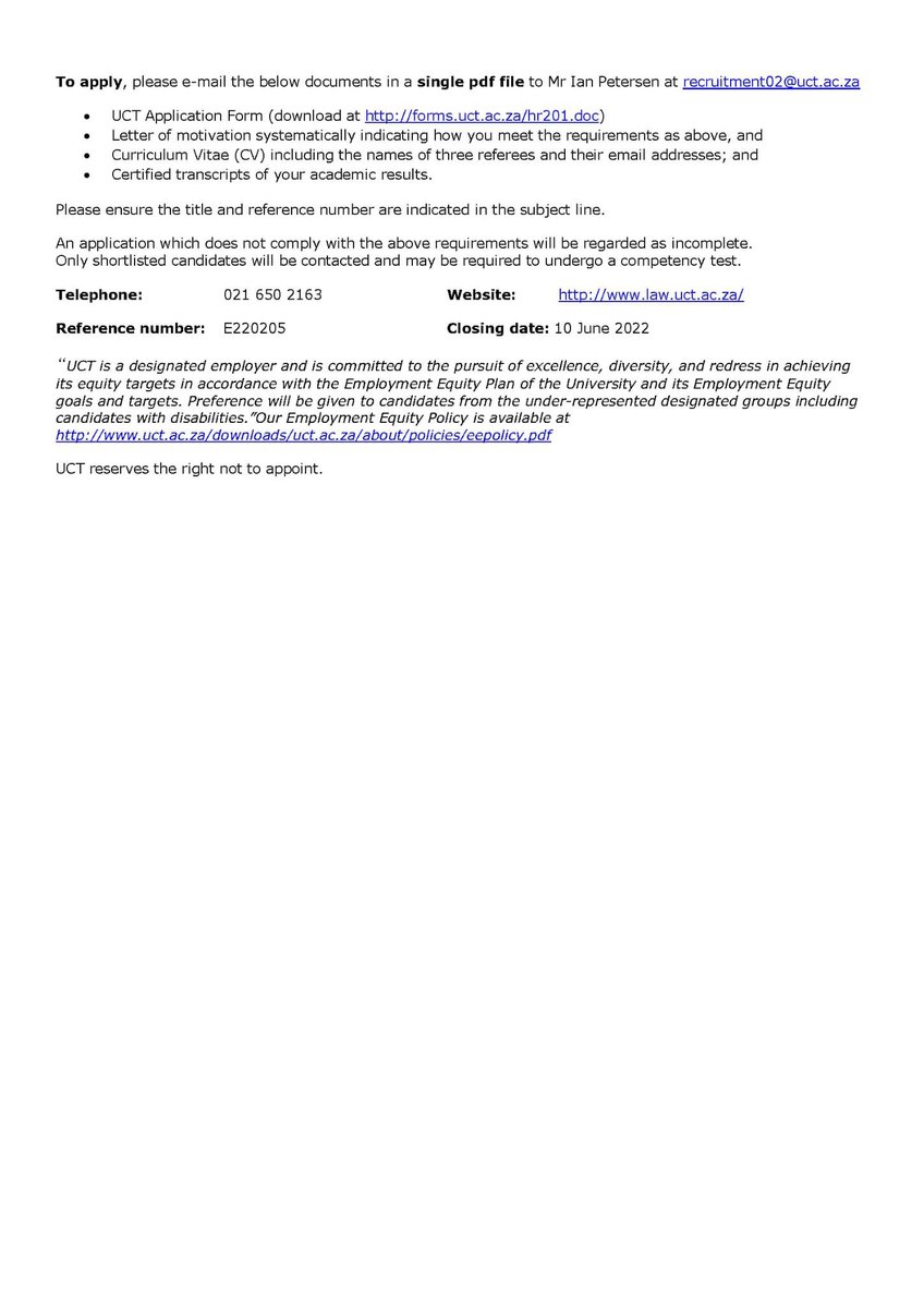 HSSinSA's tweet image. LECTURER / SENIOR LECTURER POSITION IN CRIMINOLOGY AVAILABLE AT UCT: