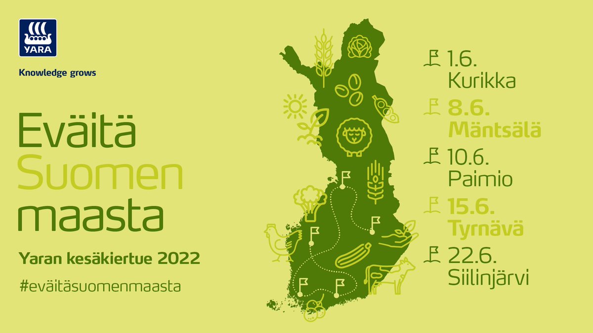 YaraSuomi's tweet photo. Maailma muuttuu, muututaan mekin - tule mukaan hakemaan ratkaisuja moderniin viljelyyn! 🌾☘️🛰📱🚜 #EväitäSuomenmaasta-kiertue pysähtyy kesäkuun aikana viidellä paikkakunnalla eri puolilla Suomea. Lue lisää ja ilmoittaudu mukaan: https://t.co/6ohhuCpHDA. Tavataan kiertueella!🤩 https://t.co/noj64HWVTY