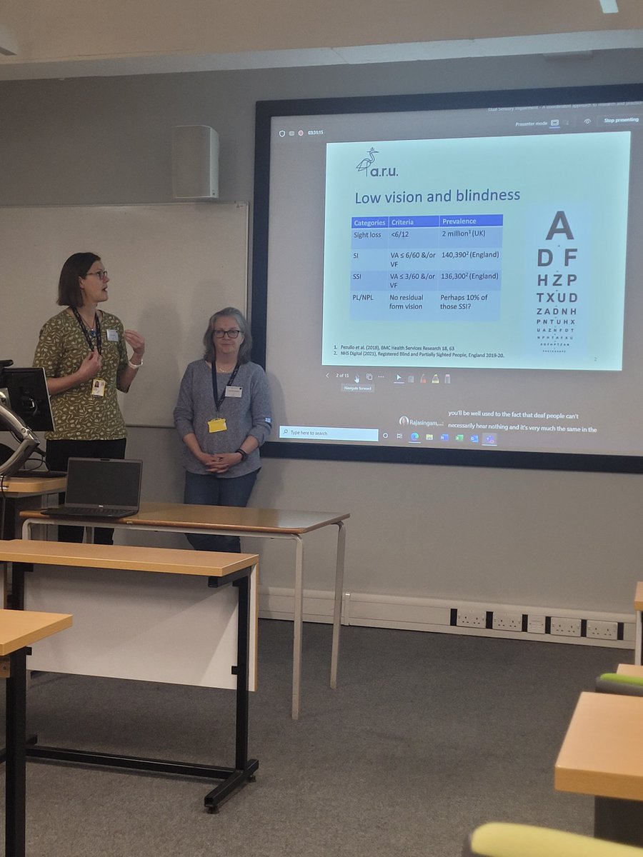 RajasingamSaima's tweet photo. @KeziahLatham and @Optom from @ARU_VHS talking about making clinics more accessible to people with low vision at our #dualsensory #deafblindness https://t.co/3xdtqWS28X