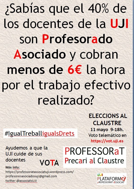 associatsUJI's tweet photo. ¿Sabías que el 40% de los docentes  de @UJIuniversitat son Profesorado Asociado y cobran MENOS DE 6€/hora por el trabajo efectivo realizado?
Ayudemos a que la UJI cuide de sus docentes
#IgualTreballigualsDrets
11 maig Vota #ProfessoratPrecarialClaustre
⬇️
https://t.co/tUBtWp1eF3 https://t.co/SlpOXsJ2KH