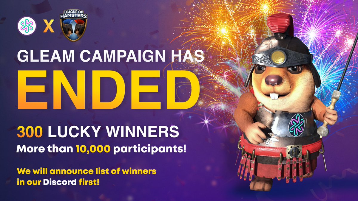 LeagueHamsters's tweet photo. League of Hamsters x @eywaprotocol Gleam campaign has ended!

🔝More than 10,000 participants!
🏆300 lucky winners will receive their Game NFTs.

👇We will announce list of winners in our Discord first!
https://t.co/IRUlCCkz7E

#Airdrop https://t.co/0RexM7b0r6