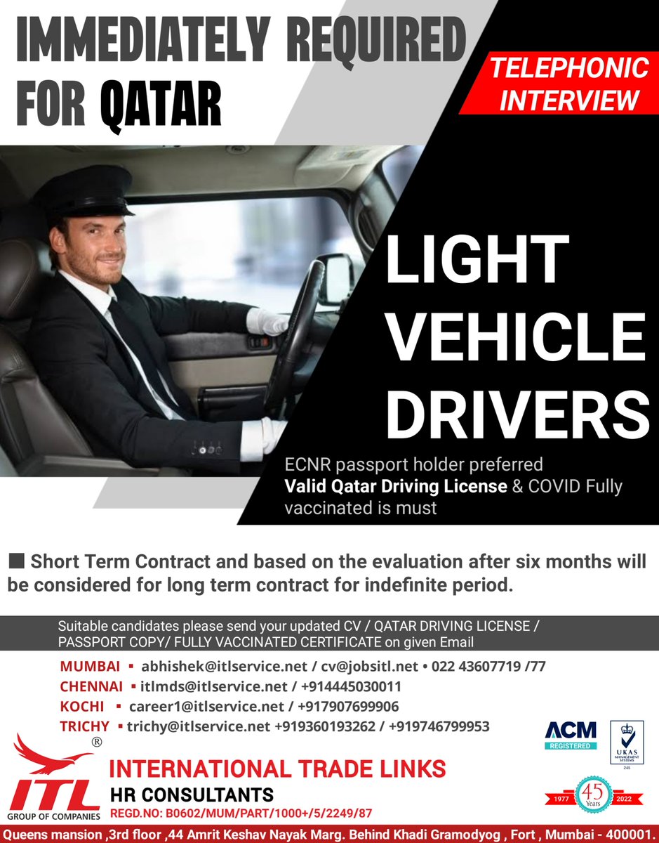 ItlJobs's tweet photo. JOB VACANCY FOR #qatar
Interested candidates please send your updated CV on given Email's.
https://t.co/L5a1jRLuOk
#qatarjobs #qatarhiring #qatardriver #lightdriver #qatarjobseekers #qatarjobshere #driver #ksajobs #ksadriver #jobalert #jobhiring #jobforyou #requirements https://t.co/2yDz7Gdo2w