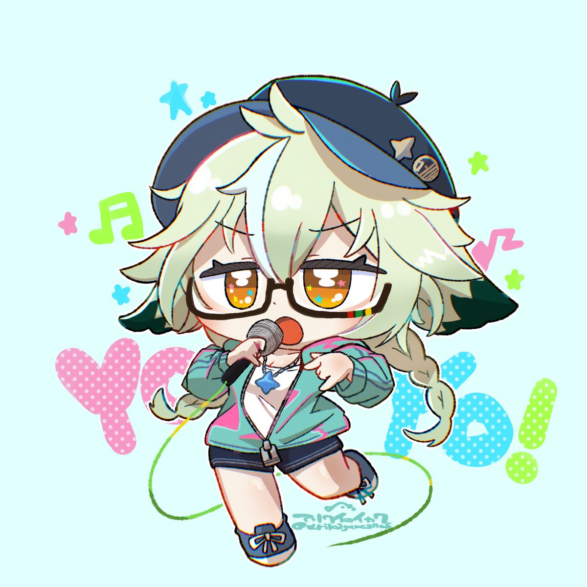 sucrose (genshin impact) 1girl chibi microphone hat alternate costume solo glasses  illustration images