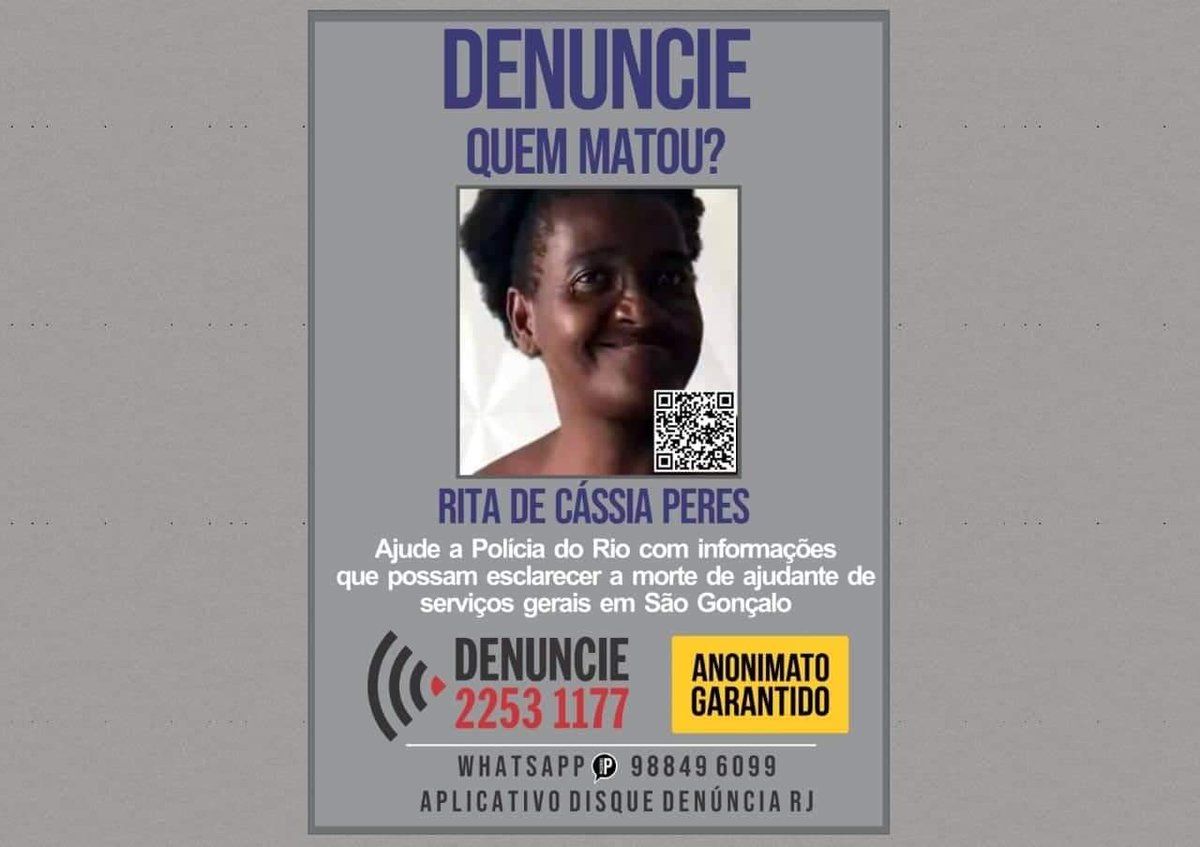 DDalertaRio's tweet photo. A Rita de Cássia Peres, de 46 anos, saiu de casa na noite do último sábado (07) e desapareceu durante o trajeto. O corpo foi encontrado na Rua Francisco Lengruber Portugal, bairro Santa Isabel, São Gonça🥺

Se você sabe #quemMatou , liga pra gente🙏
📞21.2253 1177
📱21.98849 6099 https://t.co/5TpP2EtiHF