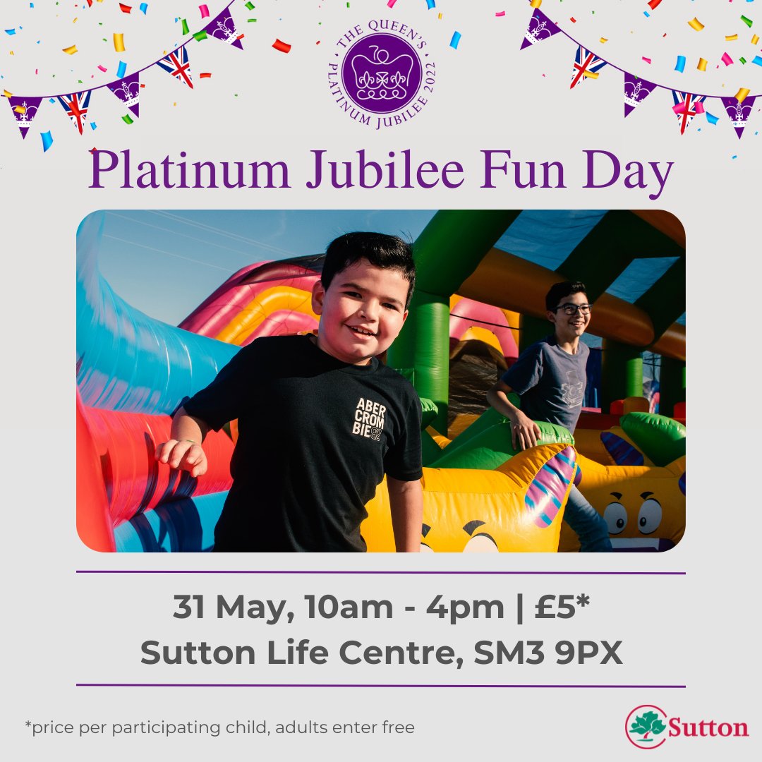 Sutton Libraries (@suttonlibraries) on Twitter photo Come along to <a href="/SuttonLC/">Sutton Life Centre</a> on 31 May for the Platinum Jubilee Fun Day! The perfect day out for children 3-10 years with an inflatable obstacle course, sports, a treasure hunt, LEGO building and more! Tickets: £5 per child (Adults go FREE). Book now.
…-life-centre-fun-day.eventbrite.co.uk Come along to <a href="/SuttonLC/">Sutton Life Centre</a> on 31 May for the Platinum Jubilee Fun Day! The perfect day out for children 3-10 years with an inflatable obstacle course, sports, a treasure hunt, LEGO building and more! Tickets: £5 per child (Adults go FREE). Book now.
…-life-centre-fun-day.eventbrite.co.uk