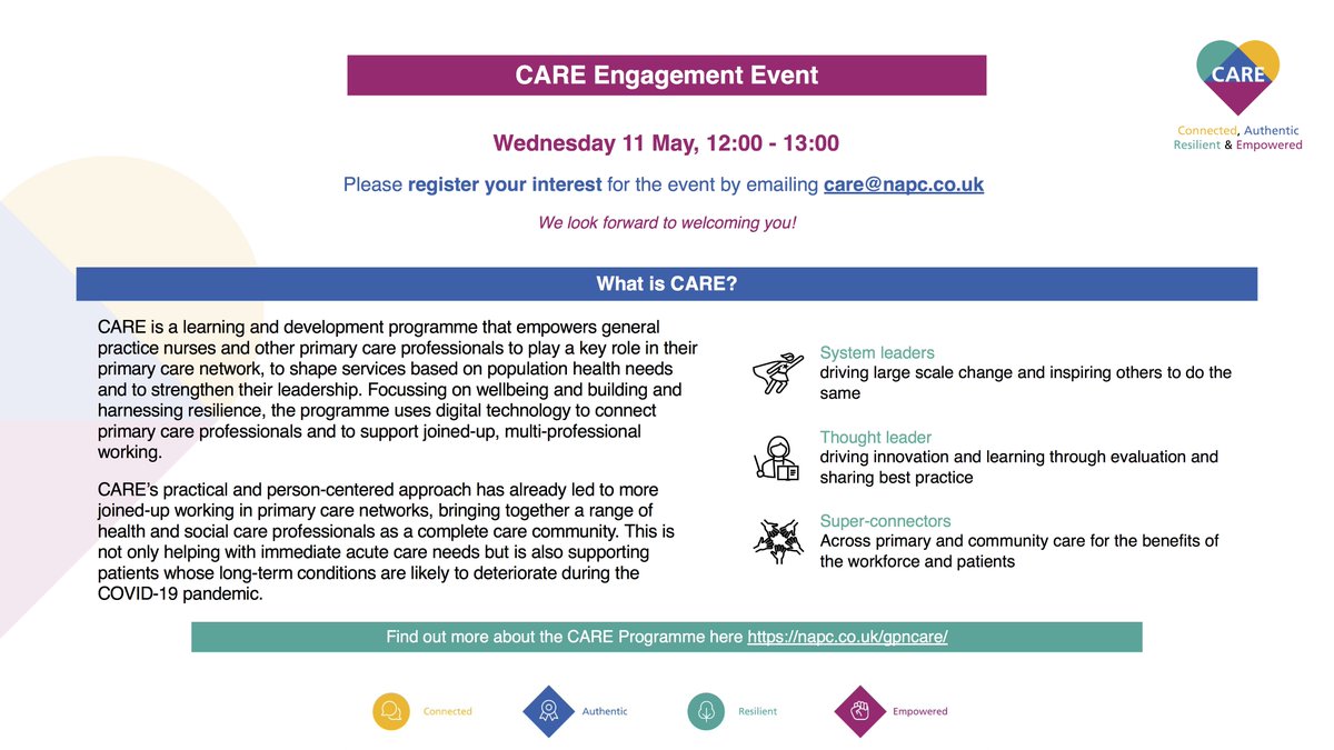 PrimaryCareGM's tweet photo. 📢 Calling all #GPNs #HCAs #NurseAssociates #AdvancedNursePractitioners
Do you want to be more #empowered #resilient & #connected
👇
Join #GreaterManchester #CARE programme
🗓 CARE Engagement Event 11 May 12-1pm
Register now 👉 @gpncare
@DrAliLea @roylepryor @boltongpfed https://t.co/2U5jTnYh4z