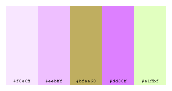 ColPaletteBot's tweet photo. Beep beep, here's a pretty color palette for you!
color-scheme.js parameters used:
- hue: 303
- variation: light
- colors: #f8e6ff, #eebfff, #bfae60, #dd80ff, #e1ffbf
Have a lovely day!
#twitterbot #colorpalette #colors #palette #prettycolors https://t.co/7wqBtUFh3T