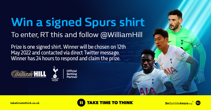 🖊 Win a signed Spurs shirt 🖊

To enter:

👍 Follow <a href="/WilliamHill/">William Hill</a>
🔃 RT this post

To be in with a chance of winning, enter before 16:59pm on the 12th May.

TCs apply 👉 wh.bet/SpursShirt