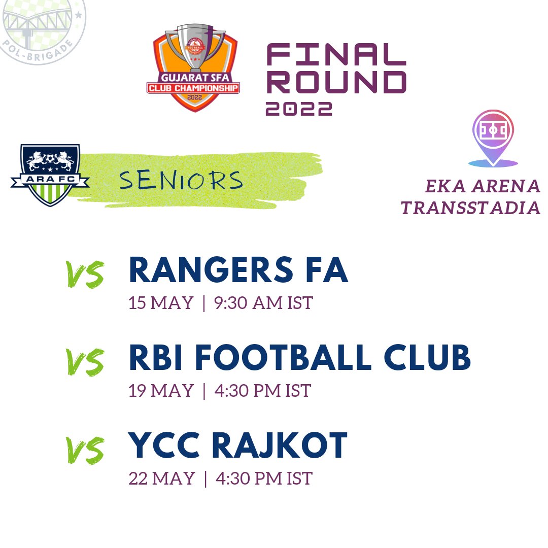 Getting closer...

GSAF Club Championship Final Round

Raise your hand if you are coming to watch & cheer with us on stands.

#ARAFC #AhmedabadRAFC #PolBrigade #Amdavad #Ahmedabad #IndianFootball #VocalForLocal