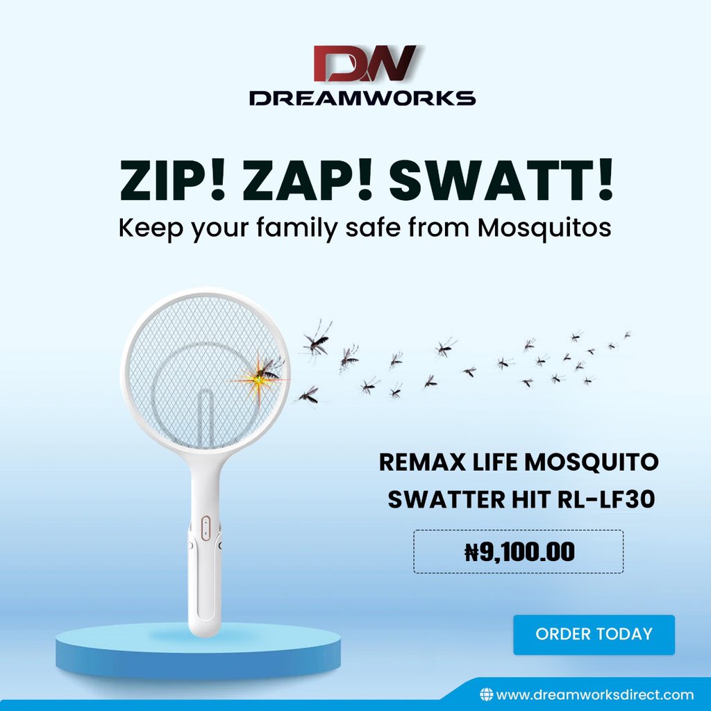 Dreamworksnig's tweet photo. Protect your Family from Mosquitos with Remax Life Mosquito Swatter HIIT RL- LF30 today.

Zip, Zap and Swatt away Mosquitos.

At DreamWorks, we make your shopping dreams come true.

Visit https://t.co/gs3MXb5IMS or call on 09070402023 to order

 #Dreamworksdirect #mosquitofree https://t.co/IeUxZ7IeWc
