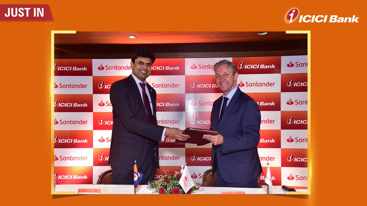 ICICIBank's tweet photo. The MoU was signed in Mumbai by Mr. Sriram H. Iyer, Head - International Banking Group, ICICI Bank and Mr. John Carroll, Head International &amp; Transactional Banking, Santander UK. (2/2) https://t.co/Or5k45ABFs