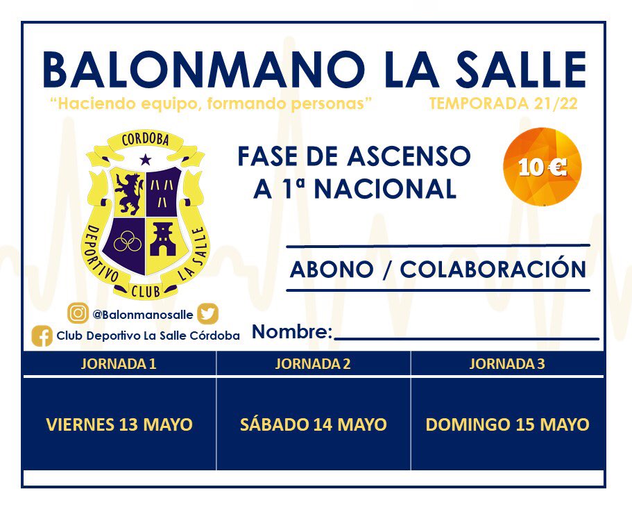 balonmanosalle's tweet photo. 🔈¿ Todavía no tienes tu entrada o abono de la Fase de Ascenso ?

Contáctanos por MD o visita el pabellón de La Salle de 20:30 a 22:30 preguntando por Pepedu o Víctor. 

Abono: 10€ (6 partidos/3 días)
Entrada: 5€ (2 partidos/1 día)

#123Salle #ForzaSalle 🔵🟡 https://t.co/JlFk21fDna