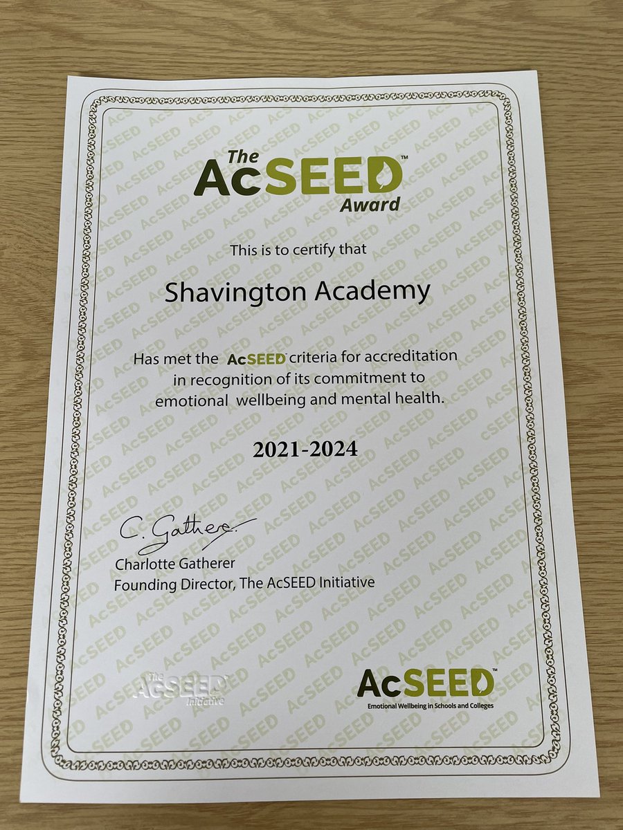 Shavington_Ac's tweet photo. We are delighted to announce that we’ve had our @acseed_uk Award renewed, a quality assurance mark presented to schools that have made a substantial effort to support the mental health of their students ☺️ #acseed #mentalhealth #supportingstudents #acseedschool #proudschool https://t.co/lnGiBHAY0m