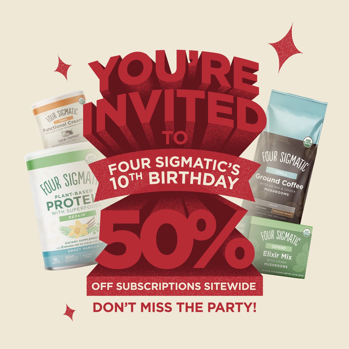 Four Sigmatic (@foursigmatic) on Twitter photo Our 10th birthday sale is now live! Get 50% off all subscriptions now through 5/18. bit.ly/3P8WlO2 Our 10th birthday sale is now live! Get 50% off all subscriptions now through 5/18. bit.ly/3P8WlO2
