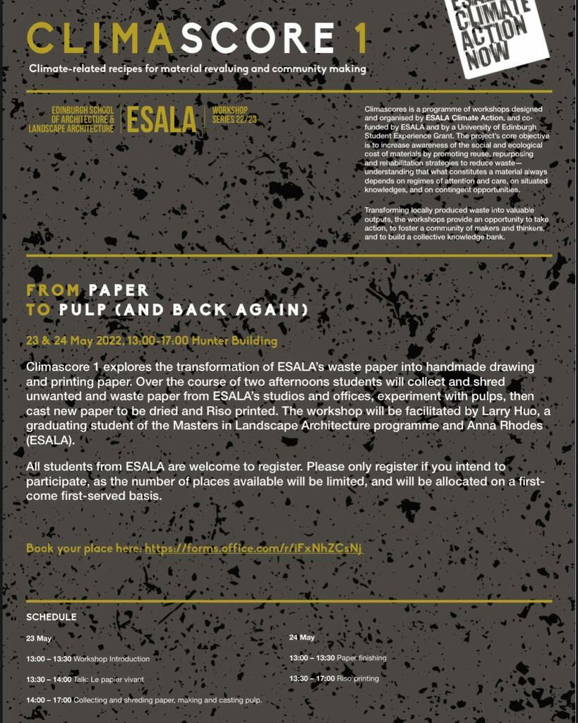 ESALA Climate Action invites you to participate in workshops to produce Climascores: Climate-related recipes for material revaluing and community making.

Climascores is a programme of workshops designed and organised by ESALA Climate Action, and co-fund… instagr.am/p/CdX_7pKsMfO/