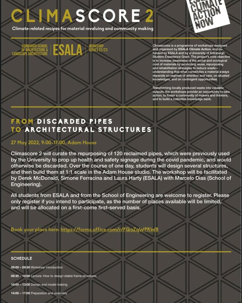 ESALA Climate Action invites you to participate in workshops to produce Climascores: Climate-related recipes for material revaluing and community making.

Climascores is a programme of workshops designed and organised by ESALA Climate Action, and co-fund… instagr.am/p/CdYADI9MedY/