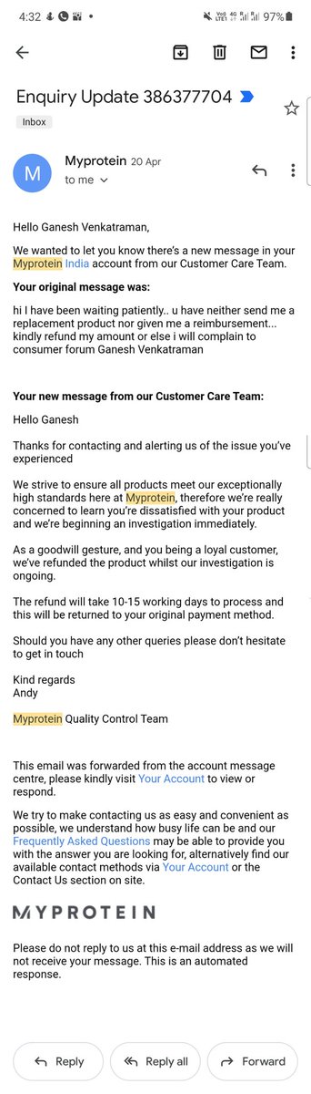 talk2ganesh's tweet photo. @Myprotein extremely disappointment by ur customer service! First u send me a product just one month away from expiry. on registering a complaint u promise to replace/refund it. its 2 months now, despite multiple promise emails from ur side there is no action...#unaccepable https://t.co/ZKFeUhtYKY