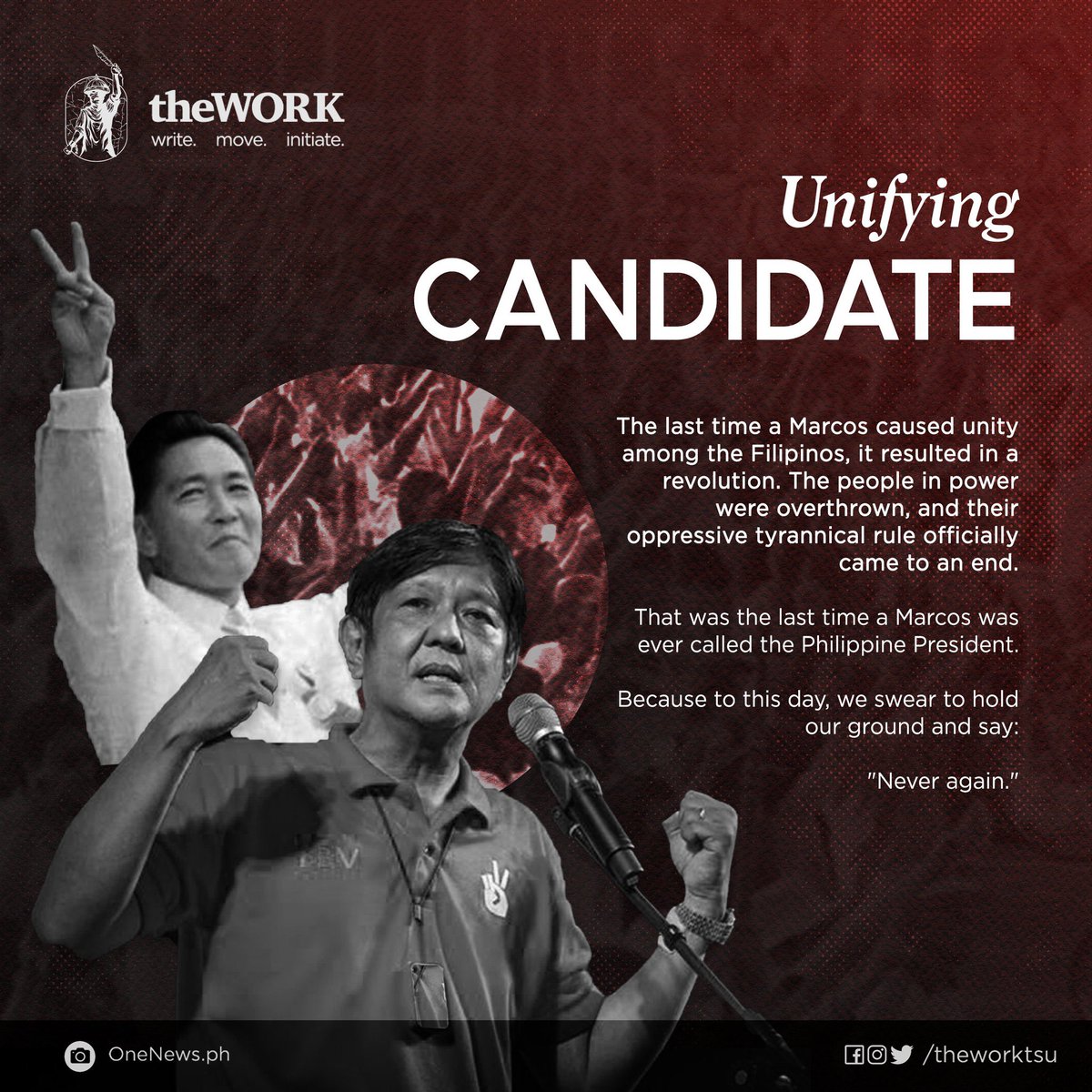 theworktsu's tweet photo. “The last time a Marcos caused unity among the Filipinos, it resulted in a revolution. The people in power were overthrown, and their oppressive tyrannical rule officially came to an end.”

READ MORE: https://t.co/zHxjsj91mc

#HALALAN2022 
#NoToDuterteMarcos2022 https://t.co/VgDDao0v7a