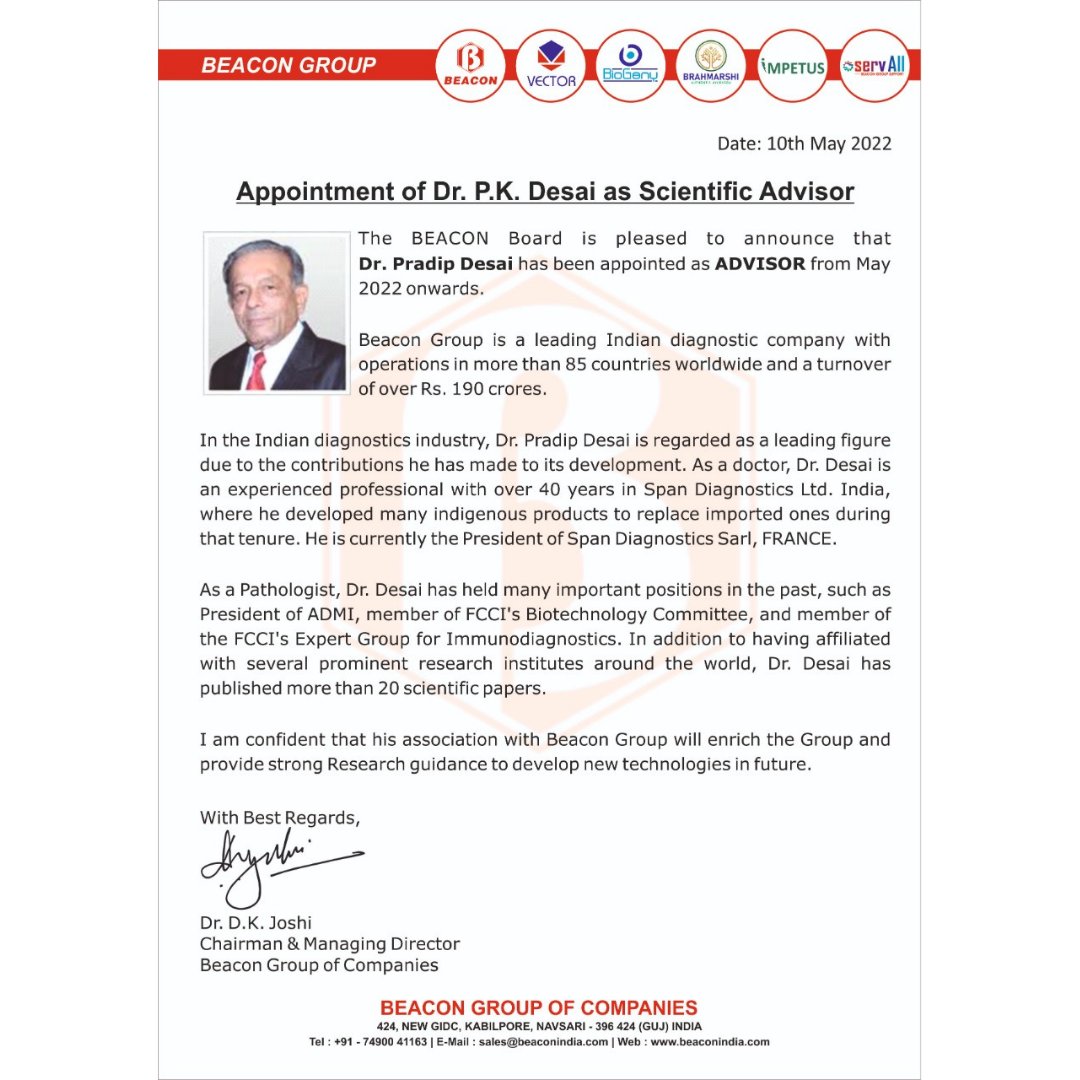 BeaconGroupIND's tweet photo. To benefit all the stakeholders of The Beacon Group, we're bringing a prominent figure of IVD Industry with over 40 years of experience to our advisory board. We, Beacon Group are pleased to announce that Dr. Pradip Desai has been appointed as an advisor of Beacon Group! https://t.co/fXCUO5jM04