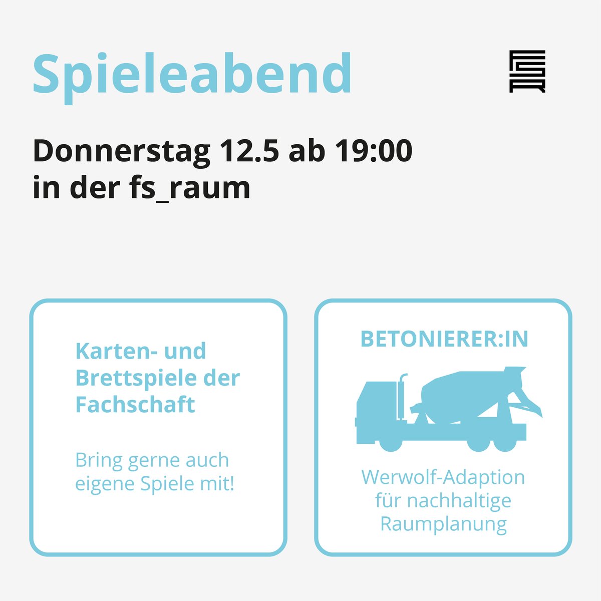 fsraum's tweet photo. Spieleabend am Donnerstag 12.5 ab 19:00 in der fs_raum

Diesmal unter anderem mit dem einzigartigen Special:
BETONIERER:IN, die Werwolf-Adaption für nachhaltige
Raumplanung! 🤩

Gerne auch eigene Karten- und Brettspiele mitnehmen! https://t.co/aO5oAK5XH1