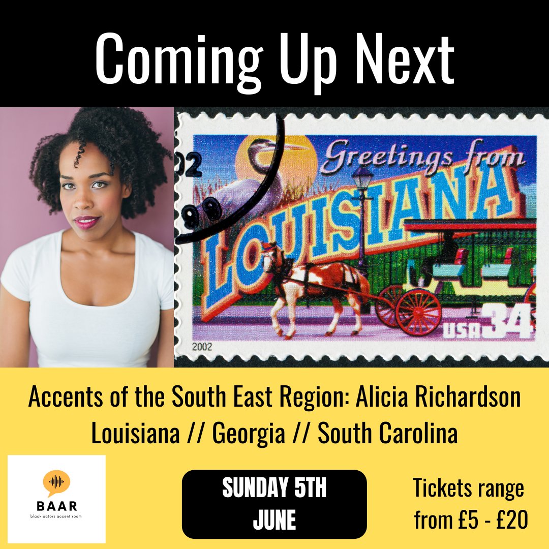 BAAccentRoom's tweet photo. Coming up next!! 5th June 🇺🇸Accents of the South East Region (Georgia // South Carolina) - We are so excited to be working with V.O artist and coach Alicia Richardson @leesheelovesyou Tickets at link in Bio!
#announcement #excited #nextsession #aliciarichardson #voiceoverartist https://t.co/TDccnwZp8V