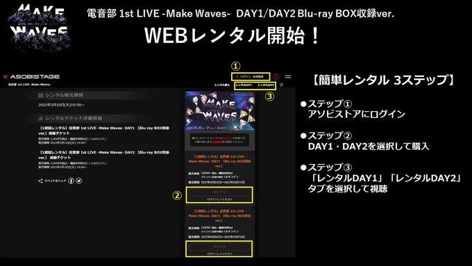 🚨WEBレンタル販売開始‼🚨
『電音部 1st LIVE -Make Waves-』の
DAY1/DAY2がそれぞれ
WEB上でレンタル可能になりました✨

視聴券のご購入で
1週間アソビステージでご覧いただけます‼

▼レンタルはこちらから🎉
https://t.co/kZm3hD1ght

▼Blu-ray BOXはこちら
https://t.co/ELGMhYPBqT

#電音部 