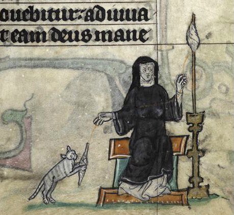 WeirdMedieval's tweet photo. cat playing with a woman’s yarn while she tries to spin, netherlands, 14th century https://t.co/w6jY2UaJrm