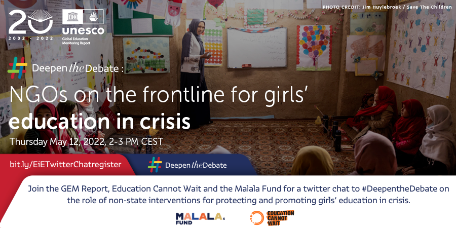 GEMReport's tweet photo. Join @GEMReport, @malalafund and @EduCannotWait and speakers @FreshtaKarim, @Beebahmohammed, @YasmineSherif1 Thursday May 12 at 2 PM CEST on Twitter Spaces to #DeepentheDebate on NGOs’ on the frontline of girls’ education. Register at https://t.co/7LiMAlgj2Z https://t.co/UtB1StzMn9