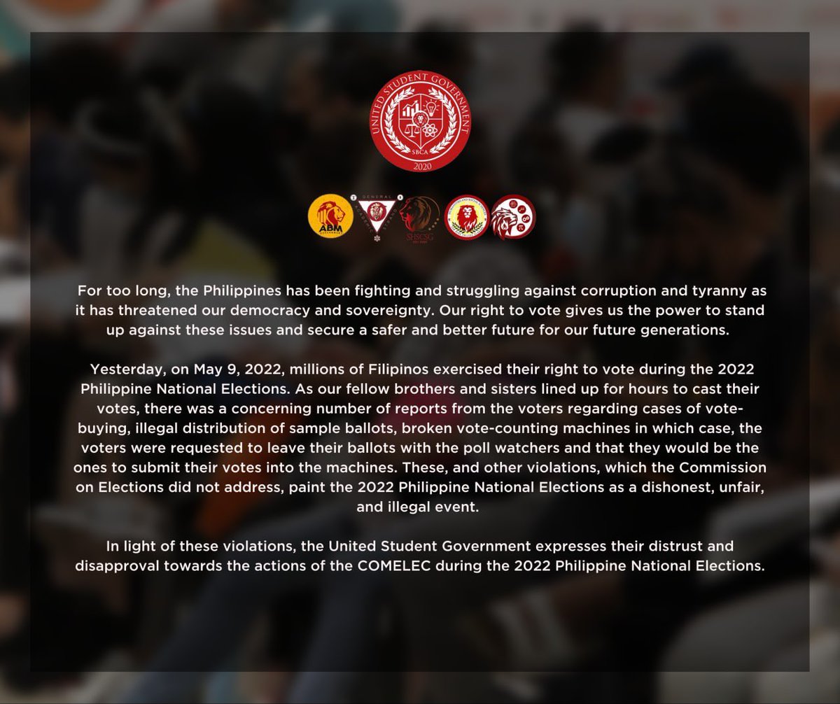 SBCA_CSG's tweet photo. Statement of the United Student Government on the 2022 Philippine National Elections 

The United Student Government joins the nation in its call for justice and transparency. https://t.co/qzKLCkjvpi